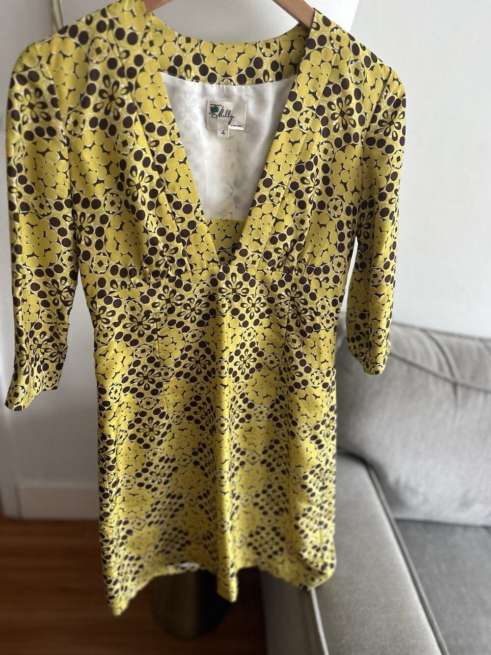 Vtg Milly of New York Dress 4 Silk Floral Yellow Brown Made USA